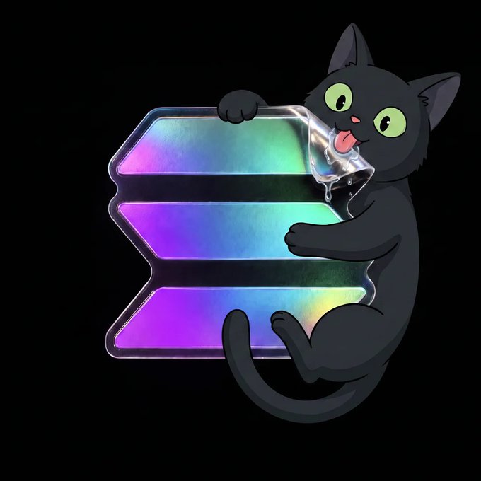 An illustration of a black cat with green eyes licking a large iridescent Solana logo against a black background.