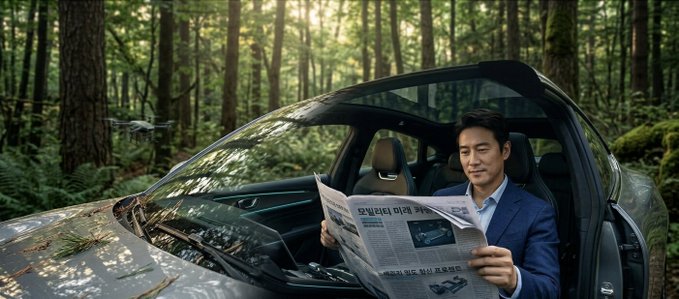 A man in a blue suit reads a newspaper while sitting in a futuristic car parked in a lush forest with a small drone hovering nearby.