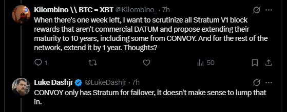 The tweet from Kilombino proposes scrutinizing Stratum V1 block rewards and extending DATUM/CONVOY for 10 years, while Luke Dashjr responds that CONVOY only uses Stratum for failover and lumping them in doesn't make sense. This relates to the accompanying post criticizing the apparent preferential treatment, as Luke dismisses a proposal that would freeze all Stratum V1 mining rewards except for his own pool's operations.
