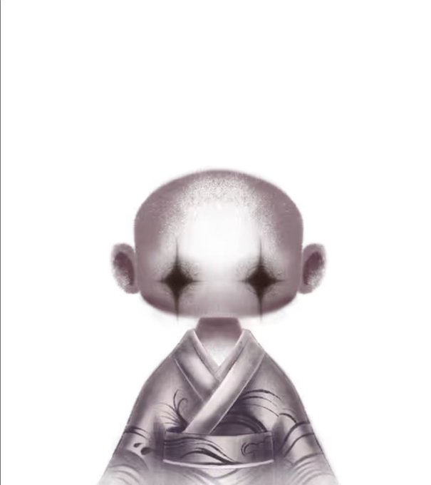 A stylized purple-toned illustration of a bald, doll-like figure wearing a traditional robe with dark tear-like marks streaming from its eyes, evoking a crying or emotional aesthetic that fits the theme of receiving a thoughtful gift. The haunting artwork pairs with the post about receiving a first RobinHood NFT from a fellow collector, reflecting a "Pyos follow Pyos" sentiment of community support.