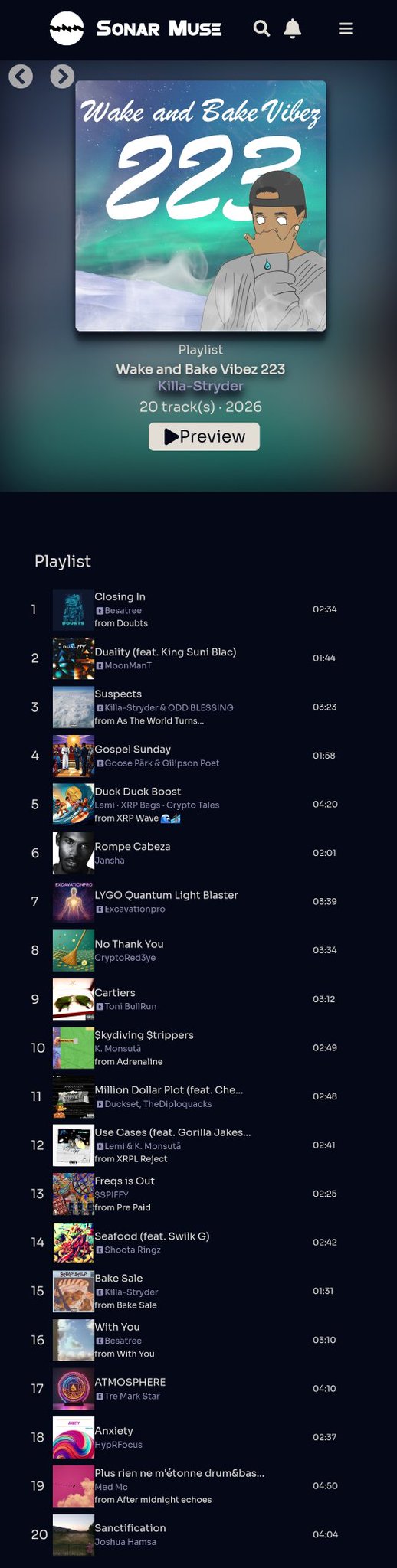 A screenshot from 'SONAR MUSE' displays a music playlist titled 'Wake and Bake Vibez 223' by Killa-Stryder, featuring a 20-track list with album art and timestamps.