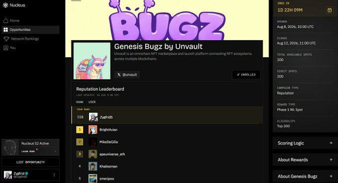 A screenshot of the 'Nuclous' platform showing the 'Genesis Bugz by Unvault' opportunity page, featuring a 'BUGZ' logo, campaign details, and a Reputation Leaderboard with ranks for users like 'ZyzfnUS' and 'BrightAsian'.