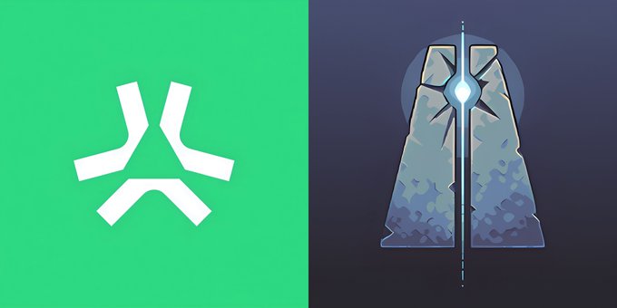 A green panel displays the Abstract Chain logo, featuring a stylized white "A" formed by geometric shapes. The right panel shows "The Beacon" - a glowing blue crystalline structure resembling a radiant monolith with a starburst center against a dark background, visually representing the beacon tower imagery described in the post announcing an upcoming multichain launch and November TGE.