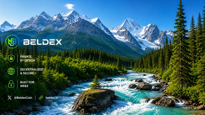 Beldex advertises its privacy-focused features—Private by Design, Decentralized & Secure, and Built for Web3—over a scenic mountain landscape, with the tagline tying into the post's message about Split Tunneling, which lets users choose which apps use BelNet VPN and which stay on a normal connection.