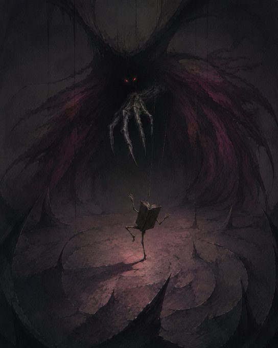 A dark fantasy illustration shows a tiny book-like figure with stick legs facing a colossal shadowy spider creature with glowing red eyes and long claws.