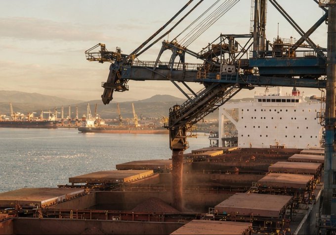 Industrial port scene at sunset featuring a large blue crane loading bulk material onto a cargo ship, with mountains and additional cranes visible in the background.