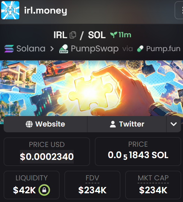 The image shows a cryptocurrency token page for "irl.money" (ticker: IRL) on the Solana blockchain via PumpSwap/Pump.fun, displaying a price of $0.0002340 USD, liquidity of $42K, and FDV/market cap of $234K.

The token page likely represents the "$15 SOL giveaway" being promoted, with IRL being the meme token tied to the cash/puzzle-themed banner art shown.