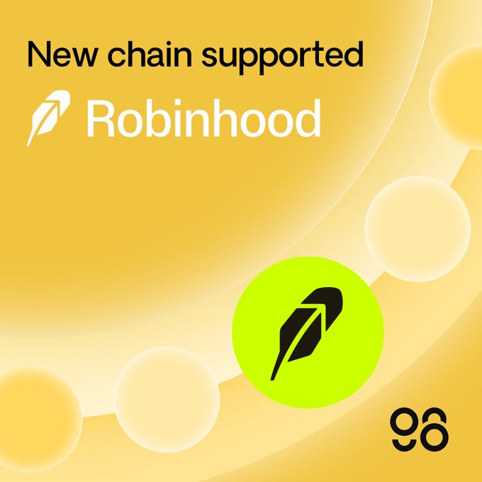 A promotional graphic with a yellow gradient background announces "New chain supported" for Robinhood, featuring the Robinhood logo, a central green circle containing the Robinhood feather icon, and the Coin98 logo (a stylized "98") in the bottom right corner.