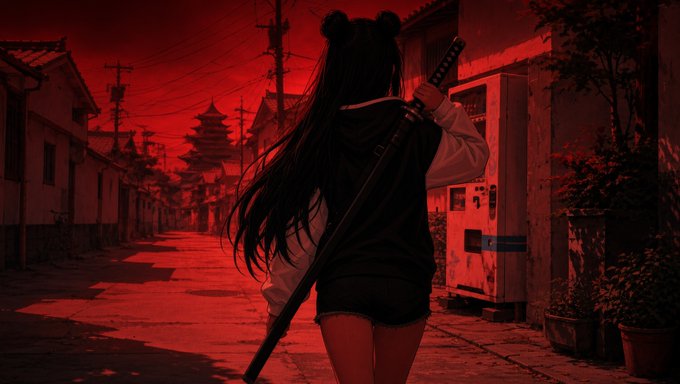 Anime-style artwork of a female character with twin buns and long dark hair, carrying a katana on her back, standing in a red-tinted Japanese street.