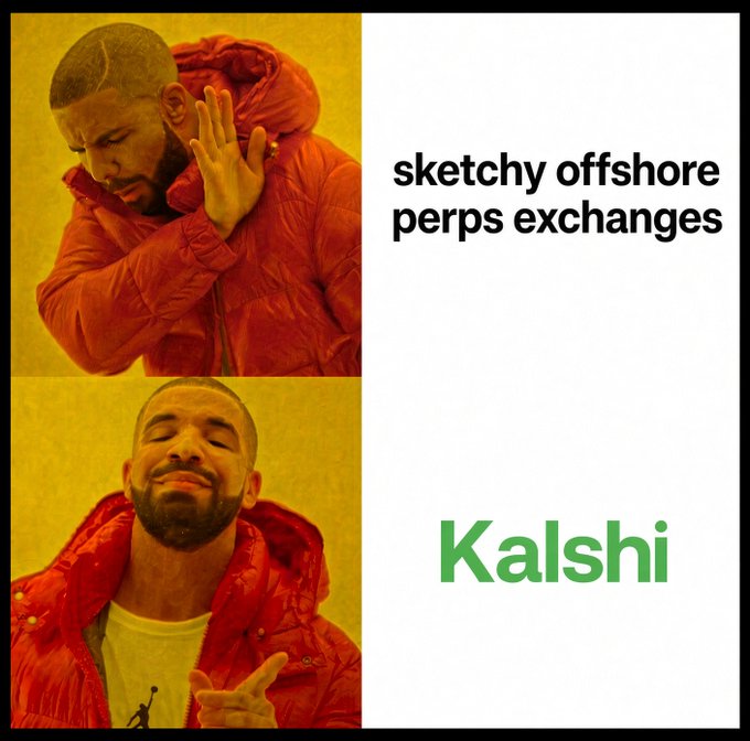 A Drake meme in the classic "reject/approve" format is used to promote Kalshi, with the top panel showing Drake rejecting "sketchy offshore perps exchanges" and the bottom panel showing him approving "Kalshi" (in green text), visually reinforcing the post's message urging American traders to switch from unregulated offshore perpetual futures platforms to Kalshi's CFTC-regulated, onshore crypto perps offering up to 6.1x leverage.