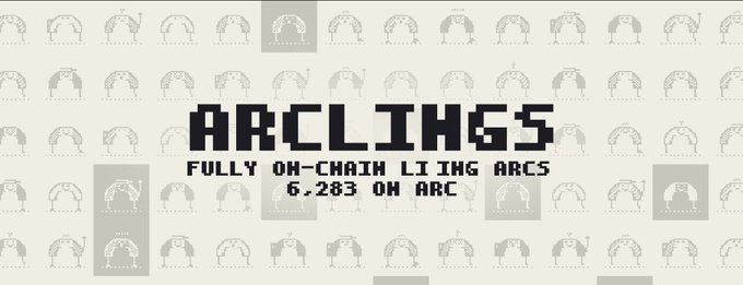 A pixel-art style graphic reading 'ARCLIINGS - FULLY ON-CHAIN LIVING ARCS - 6,283 ON ARC' against a repeating patterned background.