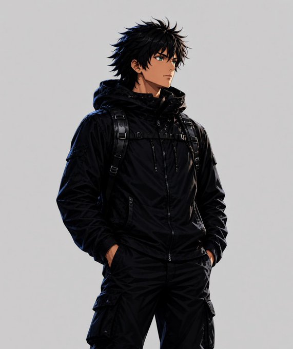 Anime-style illustration of a dark-skinned, black-haired young man wearing an all-black tactical jacket and cargo pants, standing against a plain white background.