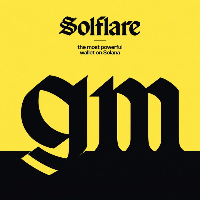 The image features a poster with a large black "G" in the center, surrounded by smaller black letters that spell out "gm". The background of the poster is yellow, which contrasts with the black text. The phrase "gm Use Solflare." is written below the poster, indicating its purpose or usage.