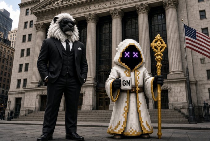 An AI-generated image showing two characters in front of the New York Stock Exchange: a figure in a black suit wearing a lion head mask, and a hooded figure with glowing purple X eyes holding a staff and a 'GM' sign.