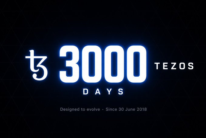 A dark graphic celebrating '3000 DAYS' of 'TEZOS' with a glowing blue logo and the text 'Designed to evolve - Since 30 June 2018'.