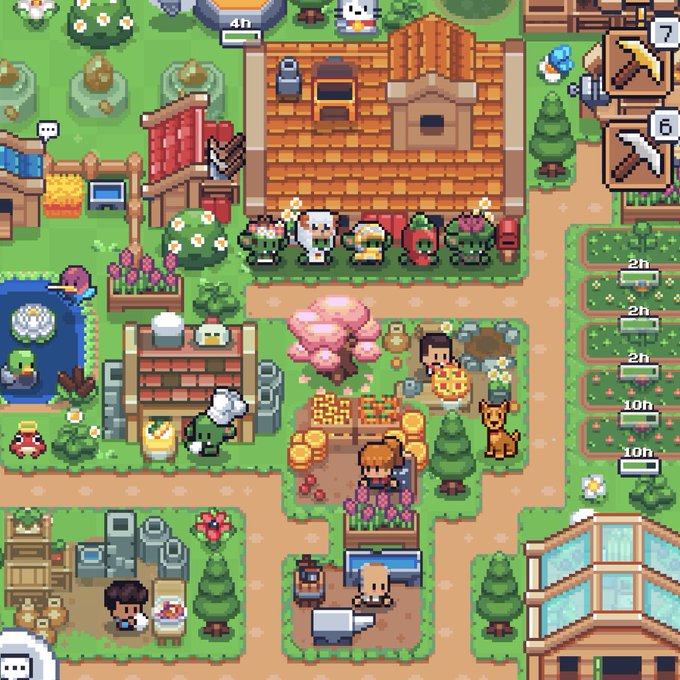 A pixel-art farm scene showing a player character tending to crops alongside various farm animals and buildings, featuring the newly placed Blossom Tree (cherry tree) in the center being celebrated in the post, along with countdown timers displaying "2h," "10h," and tool counts of "7" and "6."