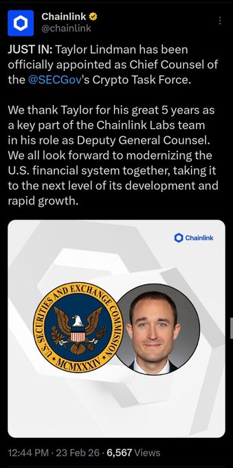 A Twitter/X post from Chainlink (@chainlink) announcing that Taylor Lindman has been officially appointed as Chief Counsel of the @SECGov's Crypto Task Force, including an image of his headshot next to the SEC seal.