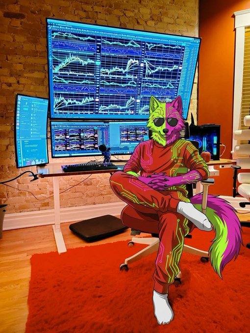 An anthropomorphic green wolf wearing sunglasses and a red tracksuit with circuit board patterns sits confidently in a gaming chair in front of multiple monitors displaying stock charts, embodying the "feeds the wolf" sentiment as profitable trades on tickers like $CASHCAT and $MU fuel the trader's success. The vibrant green fur and electric suit styling visually represent the predatory, energized state of a trader capitalizing on market movements.