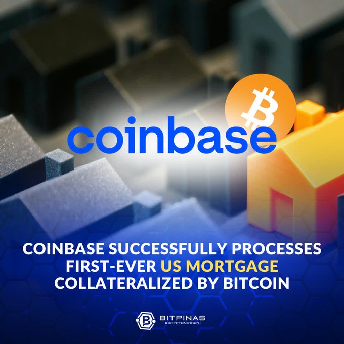 The image features an advertisement for Coinbase that highlights its success in processing transactions. The text "Coinbase successfully processes first-ever US Mortgage" emphasizes the platform's ability to facilitate real estate transactions, while the phrase "collateralized by Bitcoin" suggests a connection between cryptocurrency and traditional financial systems. The image also includes a house with a yellow roof, which is used as an example of how Coinbase can be applied in various industries beyond finance.