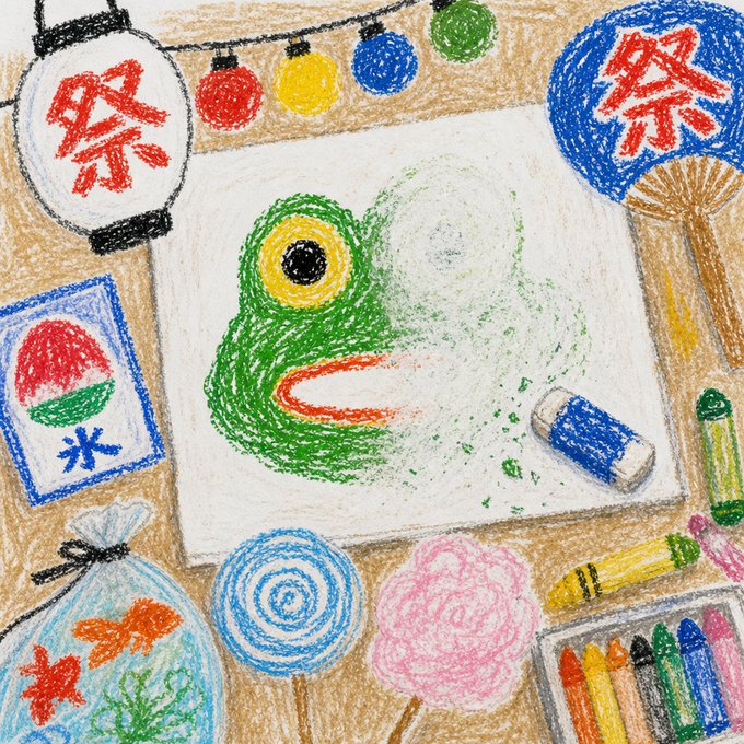 A colorful crayon drawing depicting a green frog character surrounded by various candies, lollipops, Japanese lanterns with the character 祭 (festival), and art supplies.