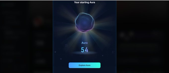 The image shows a digital interface displaying "Your starting Aura" with a glowing blue orb and a score of "Aura 54," along with an "Explore Aura" button. This appears to be a screenshot from a KAITO-based platform where users receive aura points, as referenced in the post about the user's KAITO aura score.