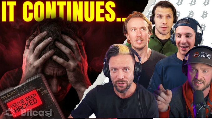A Bitcast YouTube thumbnail featuring multiple hosts and a Bitcoin logo, showing a distressed person holding a phone displaying 'YOU'VE BEEN HACKED' with the headline 'IT CONTINUES..'.