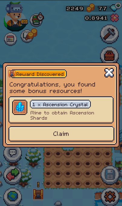 A screenshot from a mobile game showing a 'Reward Discovered' pop-up for '1 x Ascension Crystal' with a 'Claim' button, over a pixelated farming background.