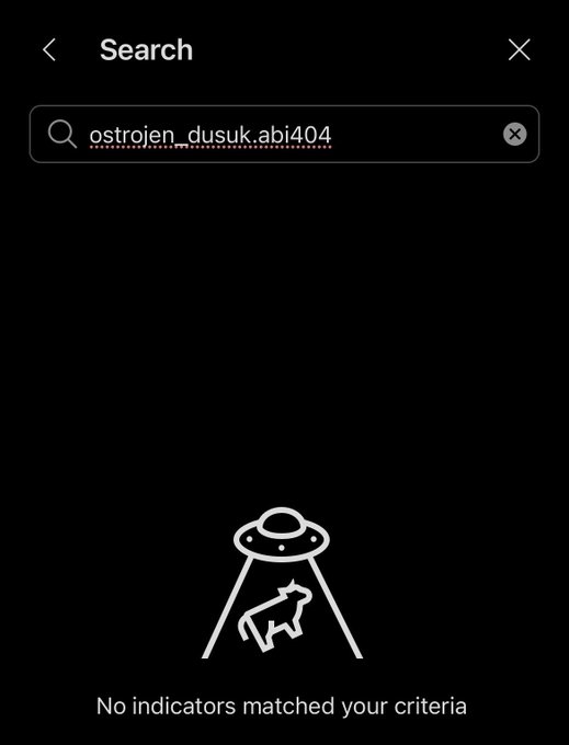 A dark mode search screen shows the query "ostrojen_dusuk.abi404" entered, with a UFO illustration and the message "No indicators matched your criteria" below.