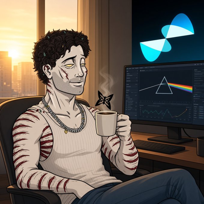 A tired, white-skinned zombie-like character with torn flesh sits contentedly sipping coffee from a white mug beside a computer monitor displaying the iconic Pink Floyd "Dark Side of the Moon" prism image, with a stylized "$QUIP" logo floating above—visually tying the post's reference to Quip Network's quantum computing explainer (likening quantum bits to the album's light prism) with the relaxed morning vibe of someone finally grasping the concept before queueing an optimization job.