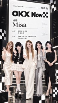 Four women in formal wear pose together in front of an invitation poster that reads 'OKX Now', 'Misa', and 'PAN PACIFIC SINGAPORE' with the date '2026.12.06'.