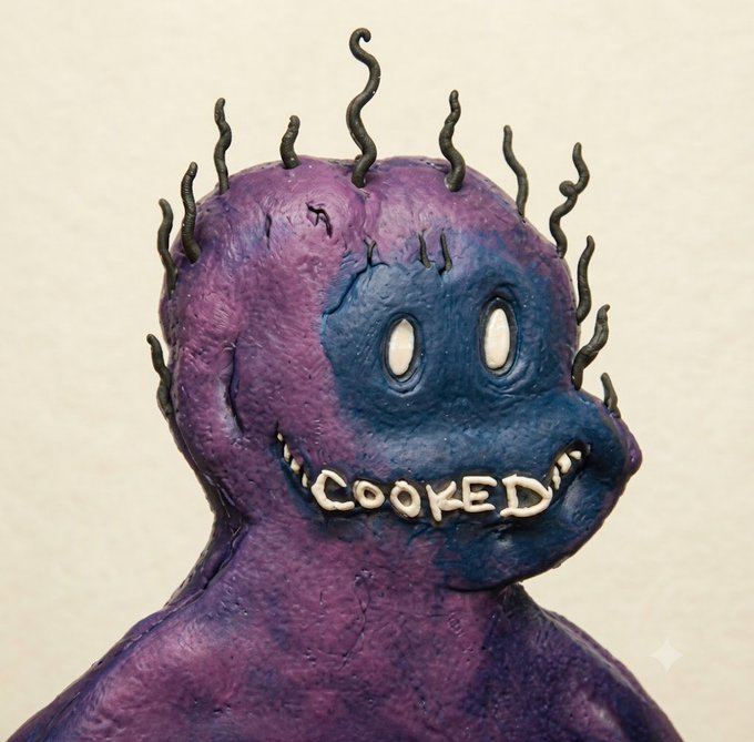A sculpted purple and blue monster figure with wavy tentacle-like spikes on its head features white teeth spelling out the word 'COOKED' across its grinning mouth.