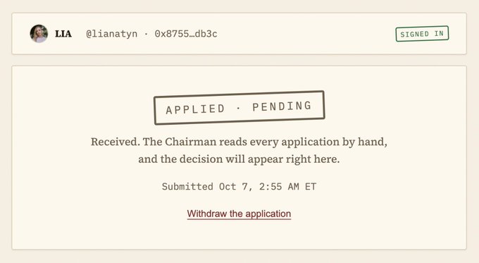 A status page for LIA (@lianatyn, 0x8755...db3c) showing an application status of 'APPLIED · PENDING,' submitted on Oct 7 at 2:55 AM ET, with an option to withdraw the application.