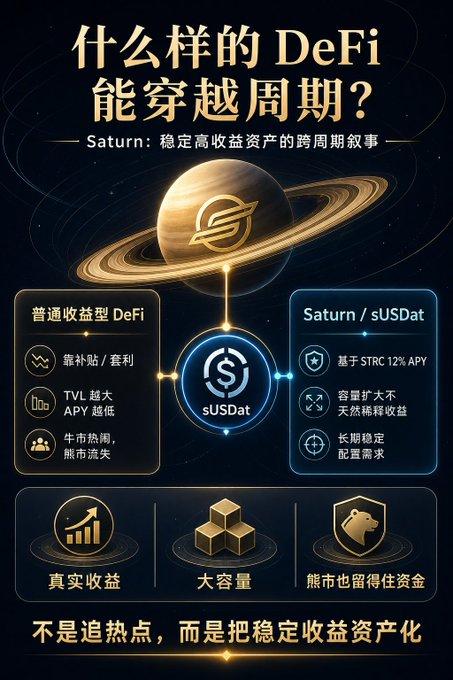 A Chinese-language promotional graphic for Saturn / sUSDat DeFi asking "What kind of DeFi can survive the cycle?" and comparing it to regular yield-bearing DeFi, highlighting features like 12% APY based on STRC and long-term stable returns.