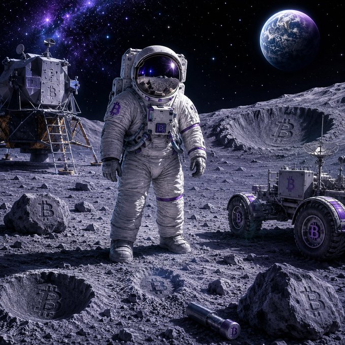 AI-generated artwork depicting an astronaut in a white suit with purple Bitcoin logos standing on a gray lunar surface dotted with Bitcoin symbols on rocks and craters, alongside a lunar rover, with Earth and a starry purple galaxy in the background.
