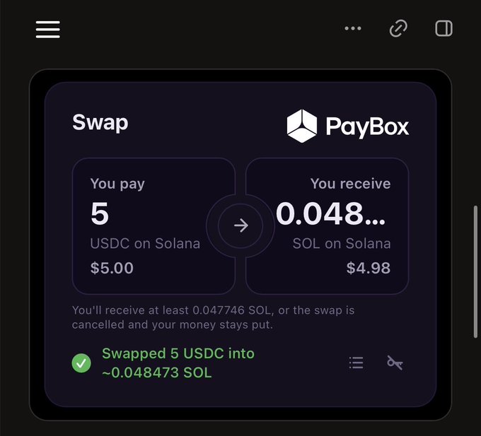 A mobile interface for the 'PayBox' app showing a Swap function where 5 USDC on Solana ($5.00) is exchanged for approximately 0.048473 SOL on Solana ($4.98).