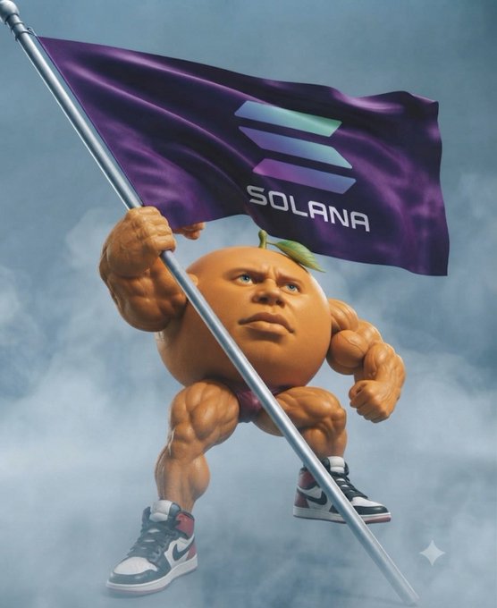 A muscular anthropomorphic orange character wearing sneakers holds a purple Solana (SOL) flag against a cloudy sky.