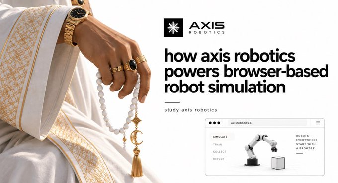 The image features an elegantly dressed individual adorned with gold jewelry and holding prayer beads alongside the Axis Robotics logo and a headline reading "how axis robotics powers browser-based robot simulation," visually juxtaposing traditional craftsmanship with a browser screenshot demonstrating a robotic arm simulation interface showcasing options to "SIMULATE," "TRAIN," "COLLECT," and "DEPLOY."
