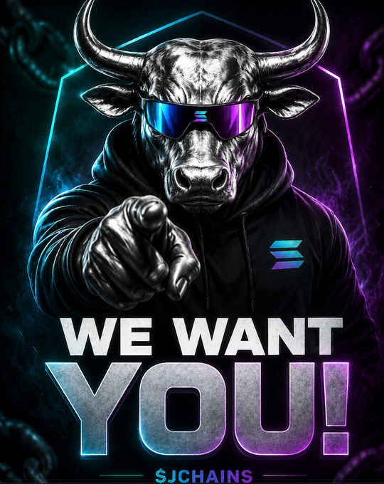 A muscular bull wearing sunglasses and a black hoodie with the "SJCHAINS" logo points directly at the viewer above the bold text "WE WANT YOU!" in cyan and purple neon lighting. The recruitment-style poster visually reinforces the post's call to action for traders tired of being rugged to join the SJCHAINS project at its early stage.