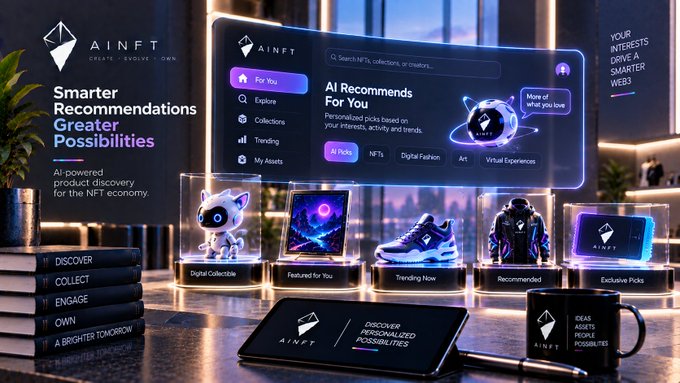 A promotional graphic for 'AINFT' highlighting 'Smarter Recommendations, Greater Possibilities' with holographic display cases showcasing digital collectibles, sneakers, and a mug.