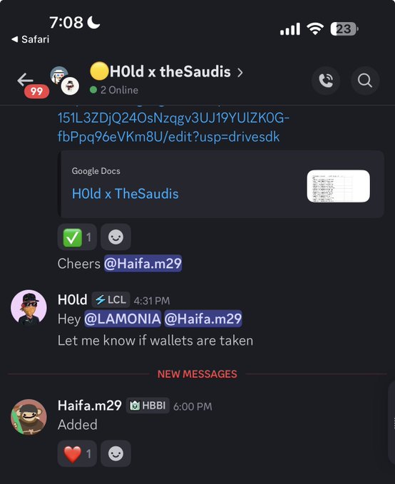 A screenshot of a Discord conversation in the "HOld x theSaudis" channel shows members HOld and Haifa.m29 coordinating about wallets, with HOld tagging @LAMONIA and @Haifa.m29 to check on wallet status and Haifa.m29 confirming "Added" with a heart reaction at 6:00 PM, relating to the user's post about completing their work with @TheSaudisNFT despite being a couple hours late.