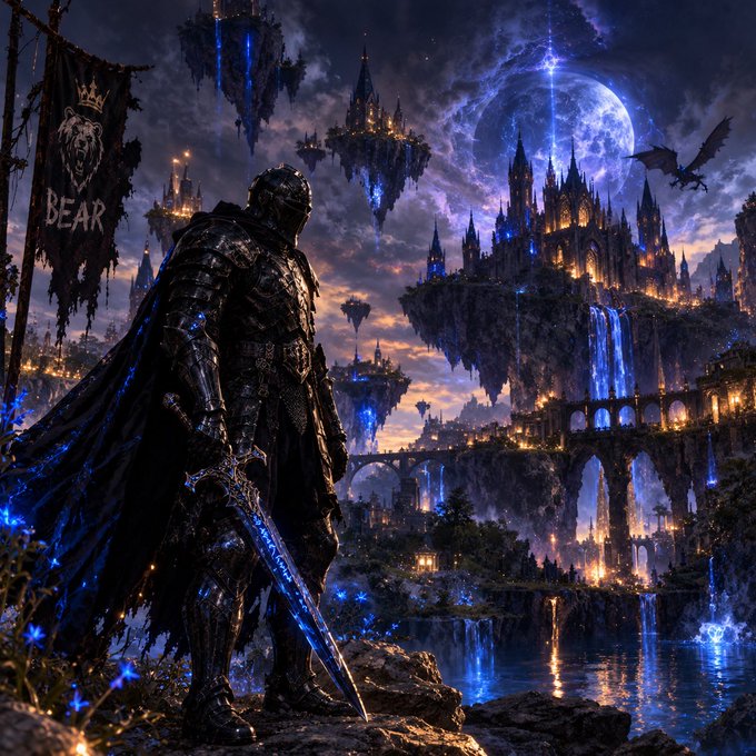 A lone knight in dark armor stands with a glowing blue sword, gazing toward a majestic floating castle beneath a luminous moon. A tattered banner behind reads "BEAR," contrasting with the bullish message of stacking and reaching the top with $stkr before the weekend ends.