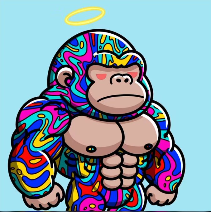 A colorful cartoon illustration of a muscular gorilla with a halo above its head, featuring vibrant psychedelic patterns.