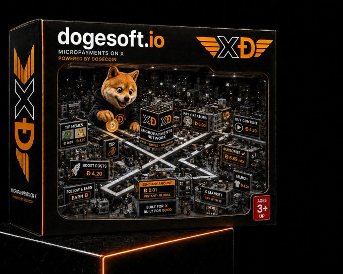 Promotional graphic for 'dogesoft.io' advertising 'MICROPAYMENTS ON X POWERED BY DOGECOIN' with a Shiba Inu dog in a hoodie and a 3D cityscape labeled with features like 'TIP MEMES', 'PAY CREATORS', 'BUY CONTENT', and 'SUBSCRIBE'.