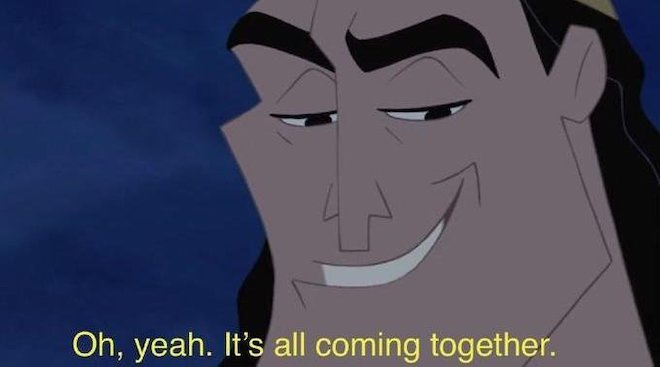 A cartoon character with a sly grin says "Oh, yeah. It's all coming together." in a scene that perfectly matches the post's caption, which celebrates a series of successful firsts for UFG DeFi, including audits and a new integration milestone, capturing the founder-mode confidence of everything clicking into place.