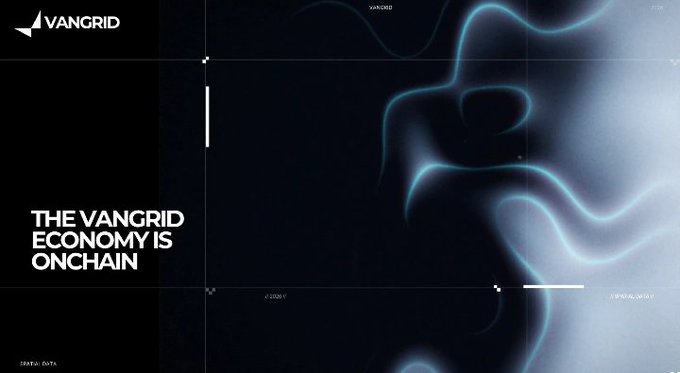Digital advertisement or webpage with the VANGRID logo and text reading 'THE VANGRID ECONOMY IS ONCHAIN' against a dark, wavy blue background.