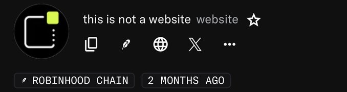A dark interface showing 'this is not a website website' with icons for copy, edit, globe, X, and more, tagged 'ROBINHOOD CHAIN 2 MONTHS AGO'.