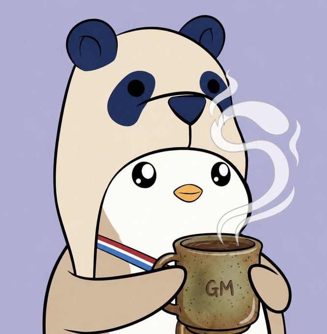 A cute cartoon illustration of a panda holding a baby bird and a steaming mug labeled 'GM' with a red, white, and blue ribbon.