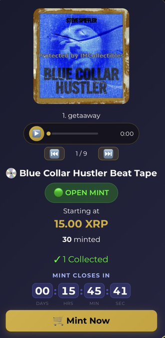 A mobile app screen showing an NFT minting page for 'Blue Collar Hustler Beat Tape' with album art, a 15.00 XRP starting price, and a countdown timer of 15 hours, 45 minutes, and 41 seconds remaining.