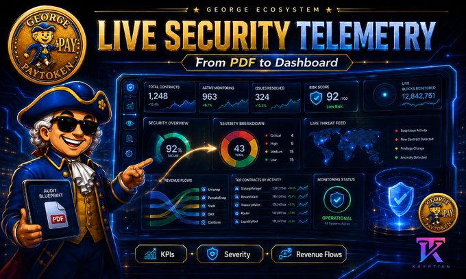 The image showcases a futuristic "Live Security Telemetry" dashboard branded with the "George Paytoken" mascot, displaying real-time metrics including 1,248 total contracts (+12.4%), 963 active monitoring (+8.7%), 324 issues resolved (+15.3%), a risk score of 92/100, and 12,842,751 live blocks monitored, with severity breakdowns, threat feeds, and revenue flows. It visually represents the "Audit Blueprint" mentioned in the post—transforming GEORGE's static PDF security report into an interactive, screen-first dashboard with KPIs, severity tracking, and operational monitoring status.