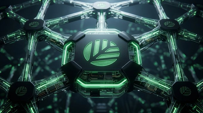 A glowing green hexagonal node pulses at the center of an interconnected blockchain network, symbolizing @CNPYNetwork's NestBFT consensus engine as a fortified, high-security hub radiating computational strength through its web of connections. The image visually reinforces the post's emphasis on the network's resilient, DDoS-resistant infrastructure and rock-solid finality for validator coordination.